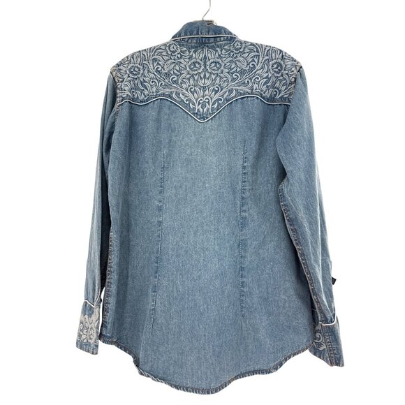 RockyMount Ranch Wear Women Denim Tooling Embroidered Western Shirt Pearl Snap L - Picture 2 of 8